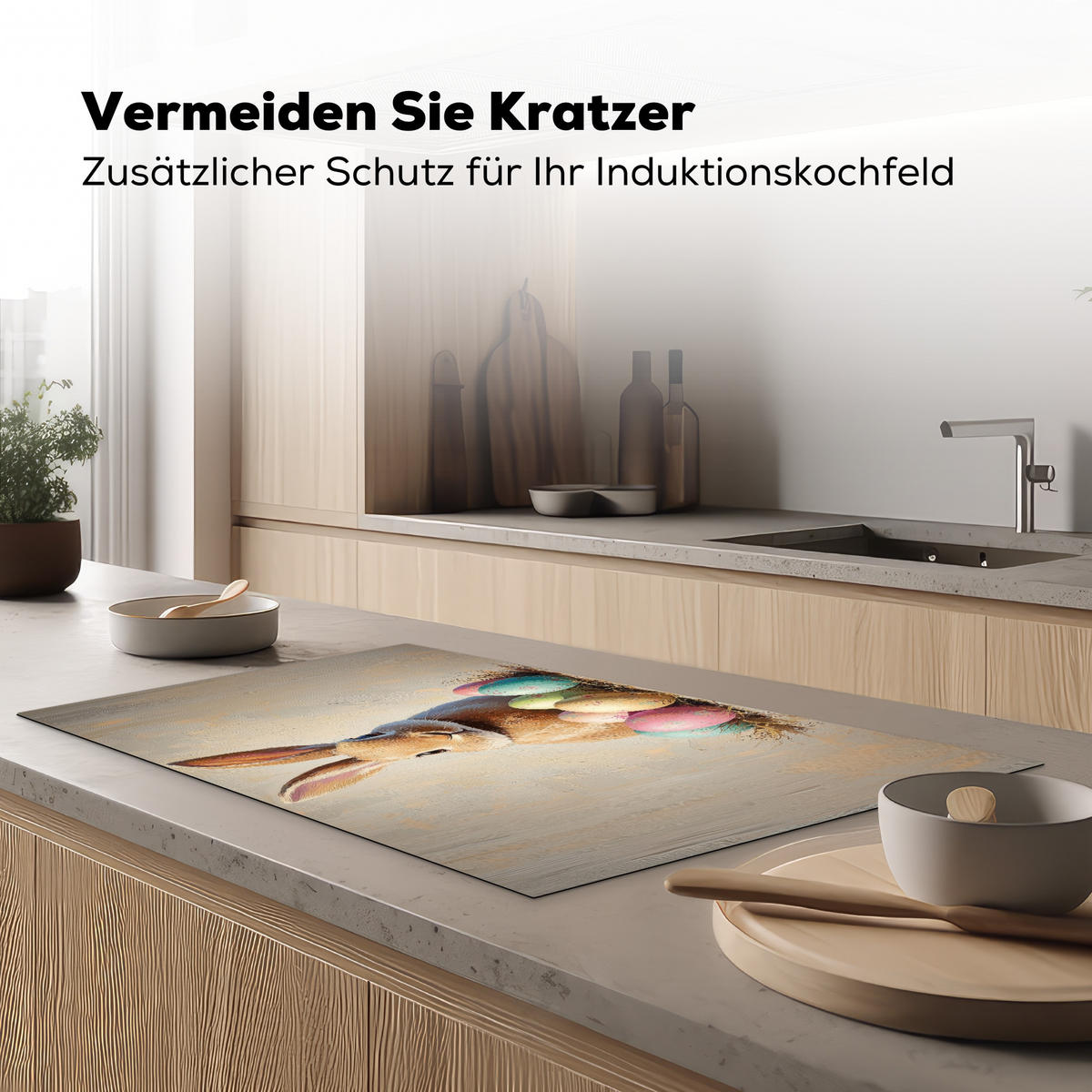 HERDABDECKPLATTE Osterhase - Pastell - Eier Induktionsschutz 91.2x52 cm - Beige, Kunststoff (91.2/52/0.2cm) - MuchoWow