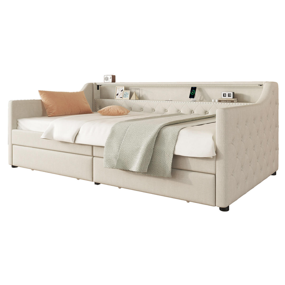 POLSTERBETT 90/200 cm Beige mit LED-Beleuchtung, USB-Anschluss und 2 Schubladen - Beige, Textil (90/200cm) - Flora Grace
