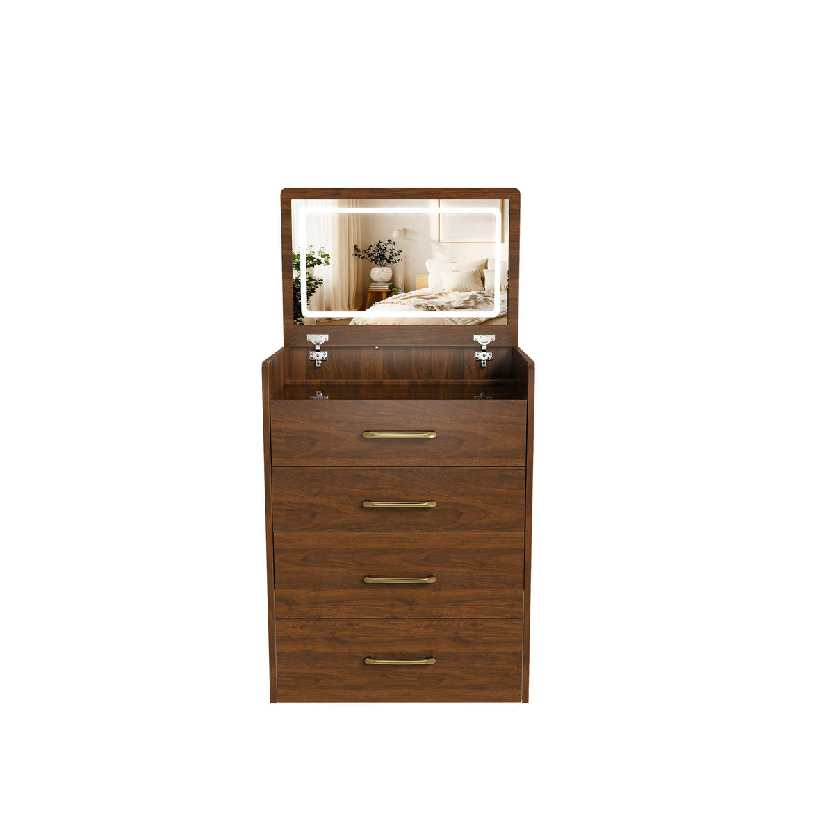 SCHMINKKOMMODE in Nussbaum 60/40/118 cm aus MDF mit 3 Schubladen, Klappspiegel und Glasplatte - Nussbaumfarben, Glas/Holzwerkstoff (60/118/40cm) - CHICFURN