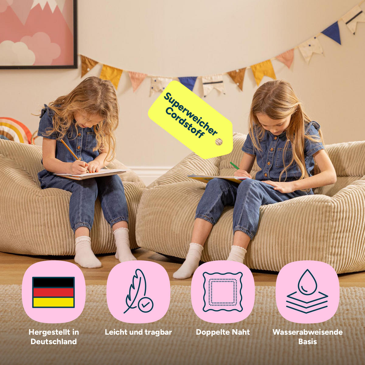 KINDERSOFA mit Sitzsack Sessel Cecilia - Beige, Textil (140/44/55cm) - icon