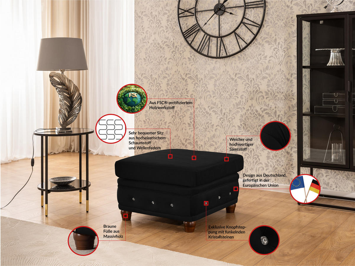 HOCKER Chesterfield Cleo Blink Schwarz Samt mit Kristallsteppung und braunen Massivholzfüßen - Schwarz/Braun, Holz/Textil (75/45/70cm) - S-Style Möbel