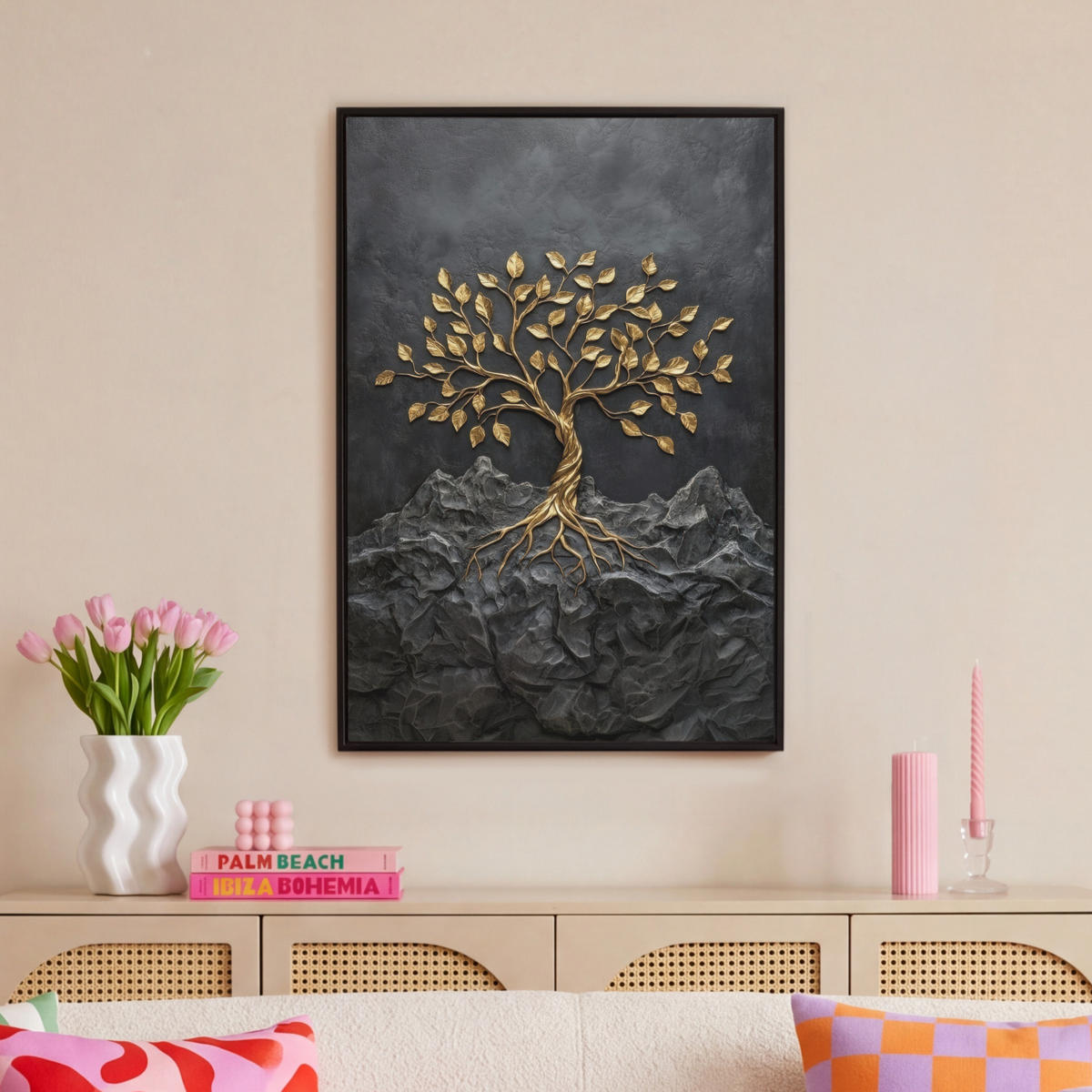 LEINWAND Bilder mit Rahmen - Blätter - Gold - Baum - Fels - 60x90 - Schwarz, Textil (60/90cm) - MuchoWow