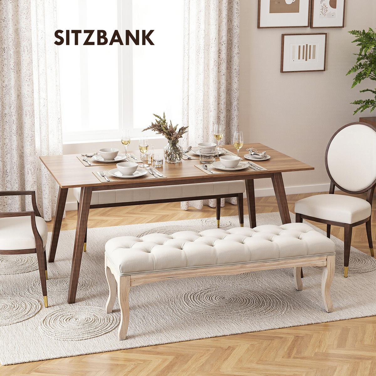 POLSTERBANK Sitzbank Truhenbank Schuhbank Vintage Gummiholz Leinen Beige - Beige, Kunststoff (40/48/110cm) - HOMCOM