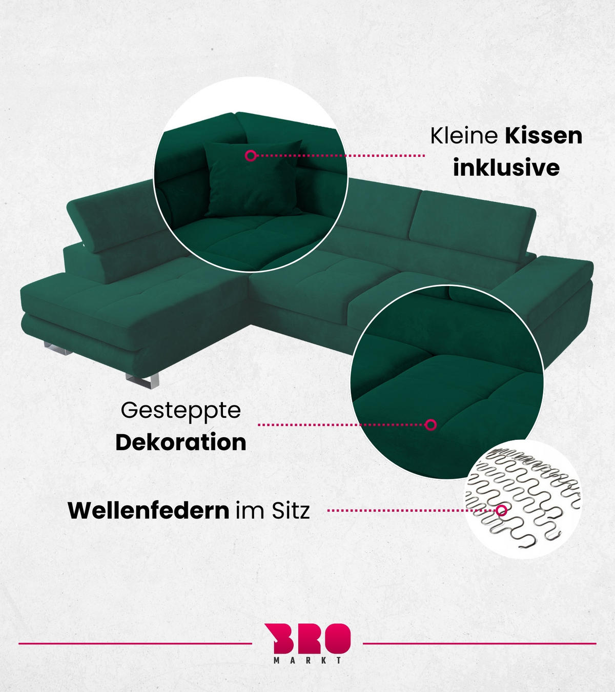 ECKSOFA Anton mit Schlaffunktion Grün Samt - Silberfarben/Grün, Textil/Metall (142/275cm) - Bromarkt