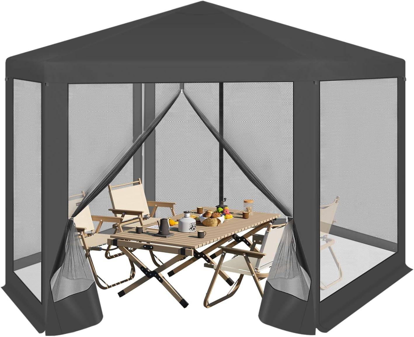 PAVILLON 3,8x3,3 m seckeckig, Gartenpavillon mit Seitenwänden Moskitonetz - Grau, Metall (380/250/330cm) - Woltu