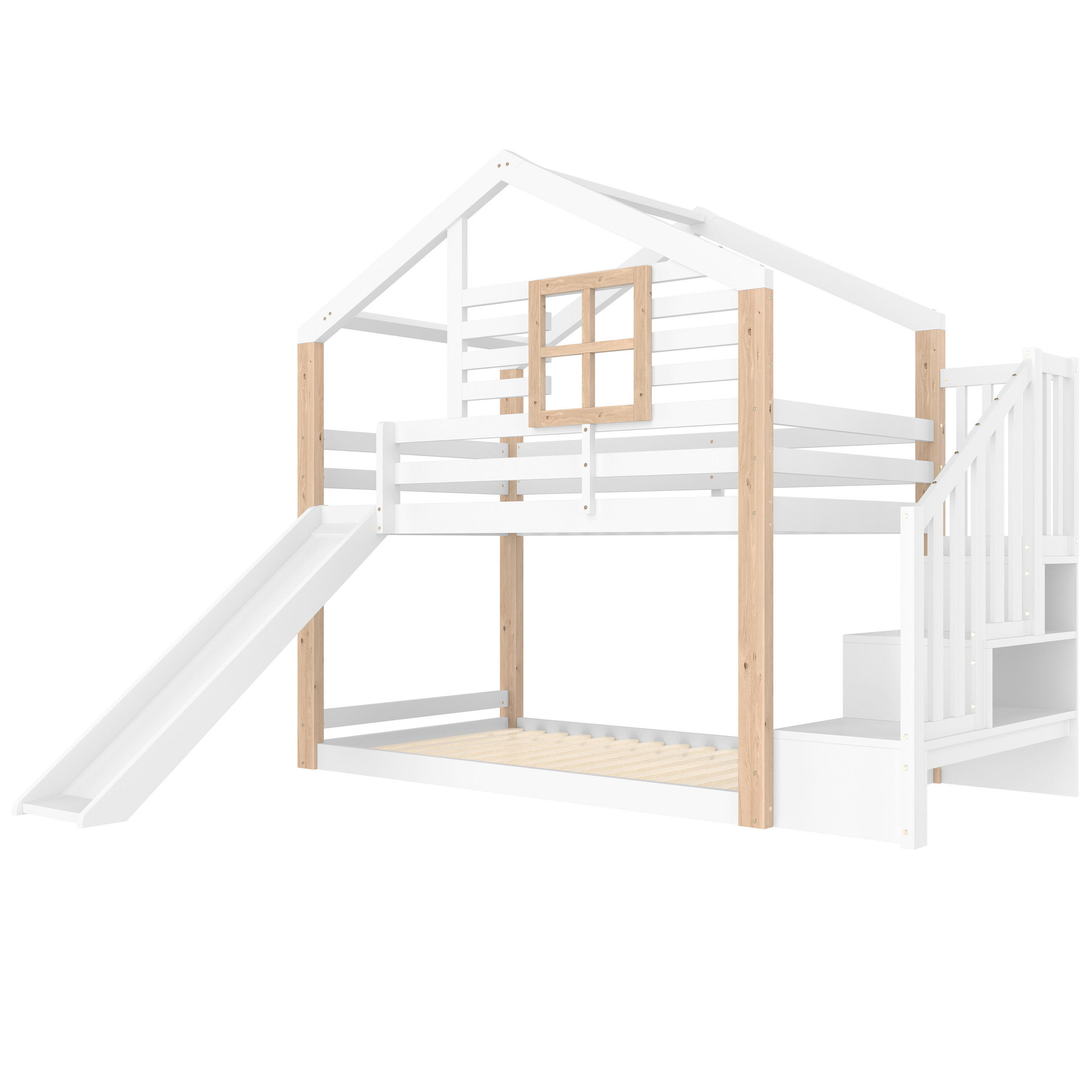 HOCHBETT, Etagenbett 90x200cm mit Rutsche und Treppe, Kinderbett mit Stauraum, Weiß - Weiß, Holz - LVHOM