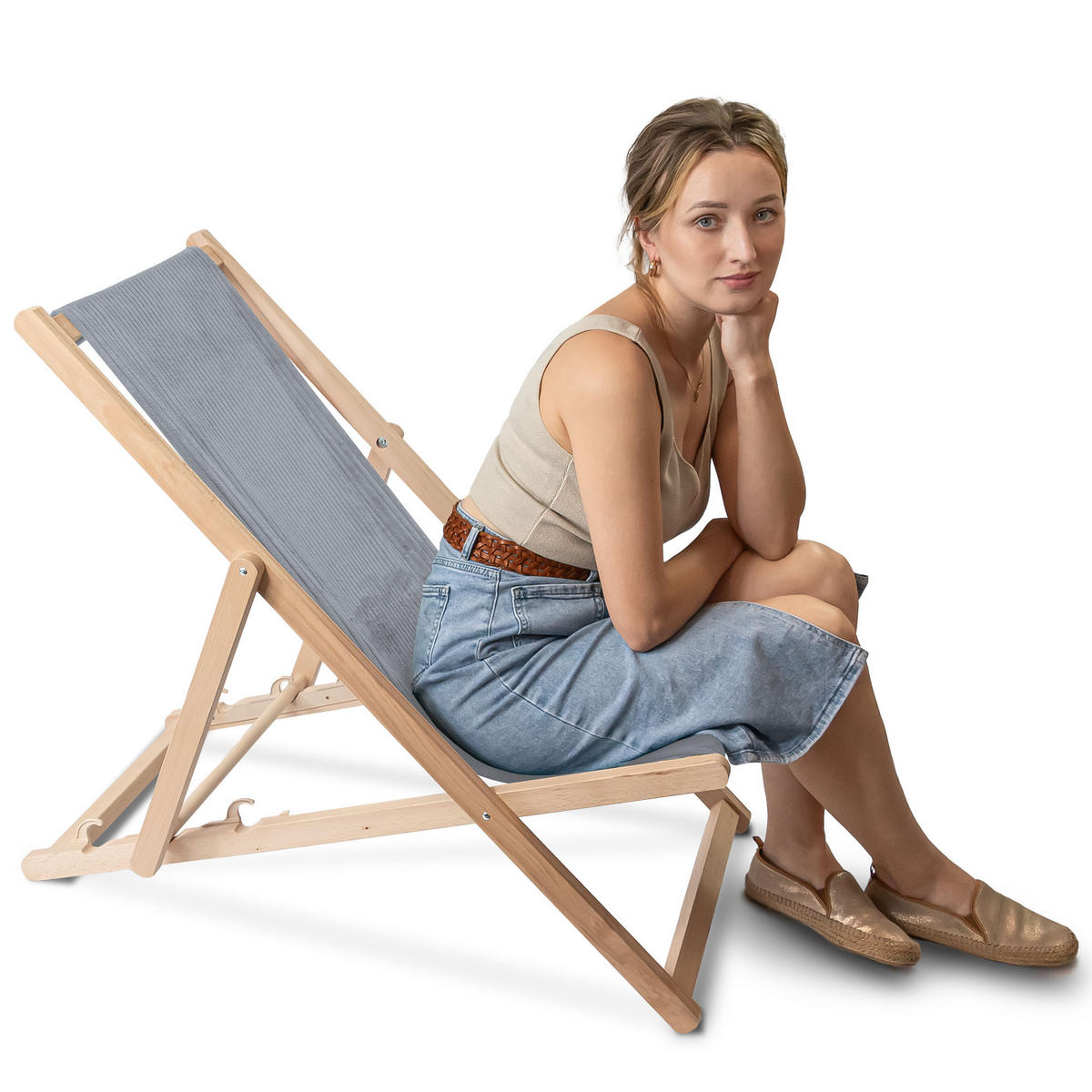 HOLZLIEGESTUHL klappbar Buchenholz Cord-Gewebe Baltic Sea M - Blau, Holz/Textil (54/85/92cm) - Dreamroots