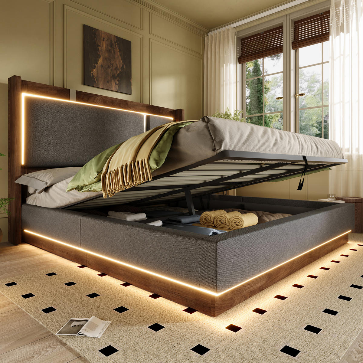 POLSTERBETT 180/200 cm Grau mit LED und Bettkasten, ohne Matratze - Grau, Textil (180/200cm) - Oxeza
