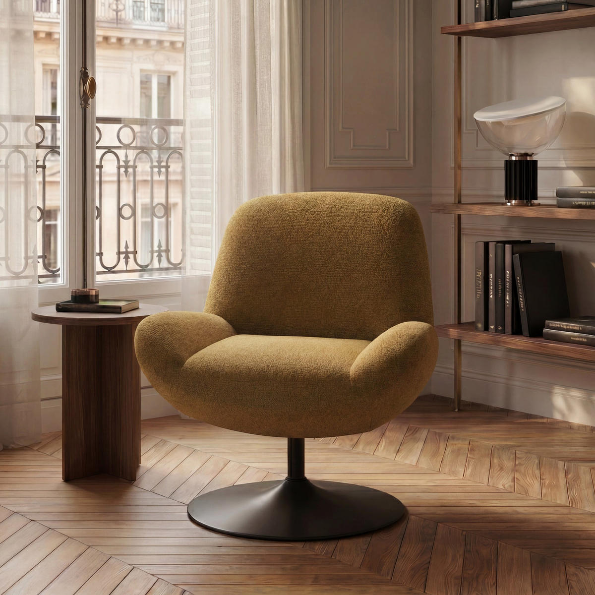 DREHSESSEL RETRO Schlingenvelours Senf 71cm - Gelb/Dunkelgelb, Textil (71/80/76cm) - Premium Interiors