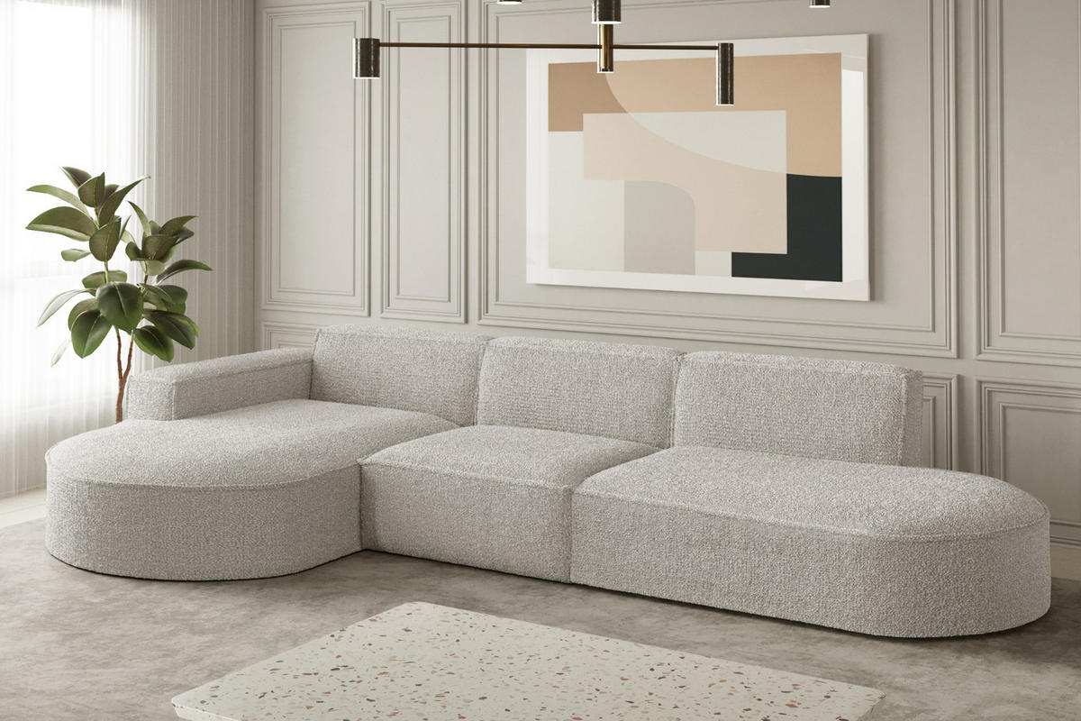 ECKSOFA Designer L-Form MODENA Stoff Loop Nate Links - Creme, Holz (165/296cm) - Kaiser Möbel