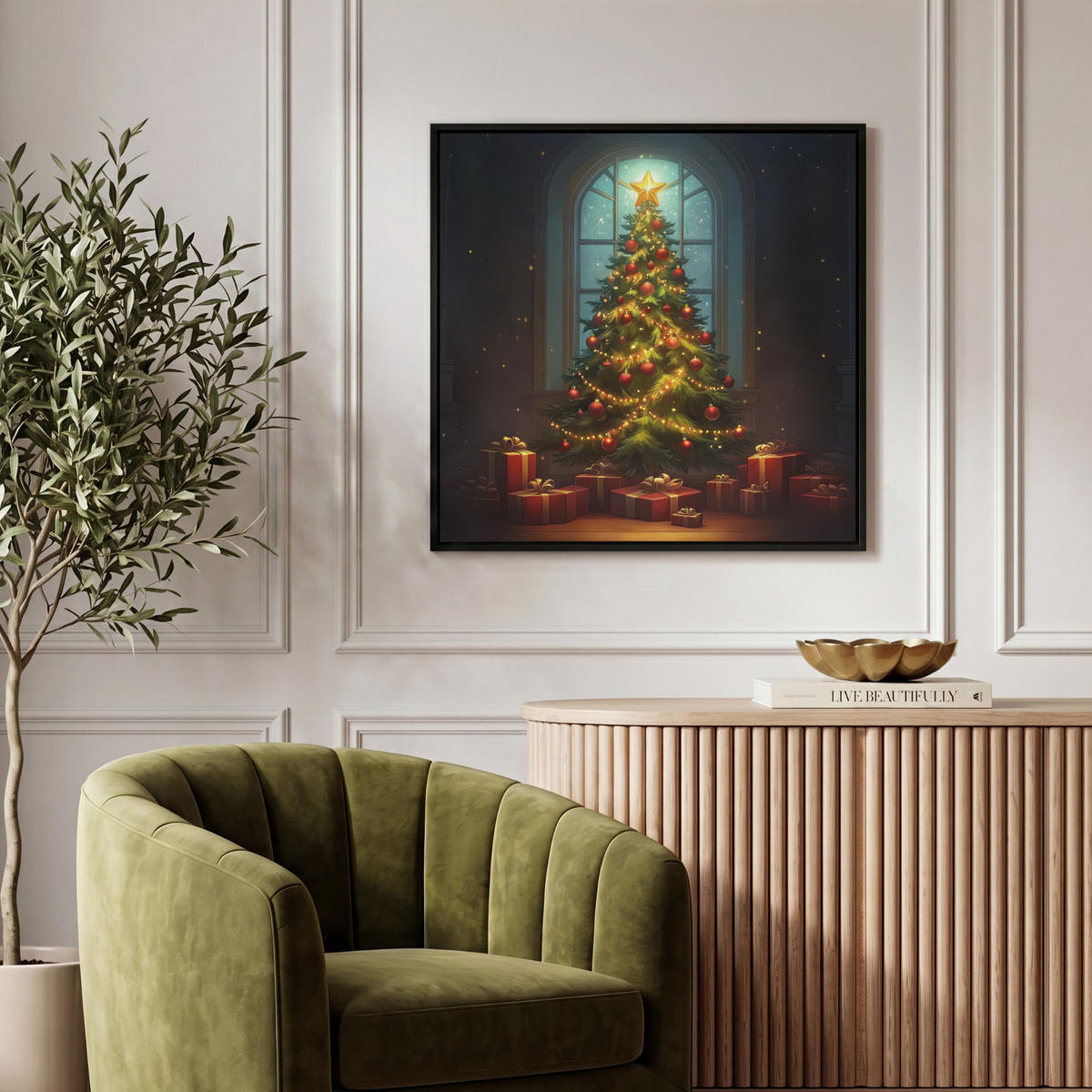 LEINWAND Bilder mit Rahmen - Weihnachtsbaum - Geschenk - Winter - 50x50 - Grün, Textil (50/50cm) - MuchoWow