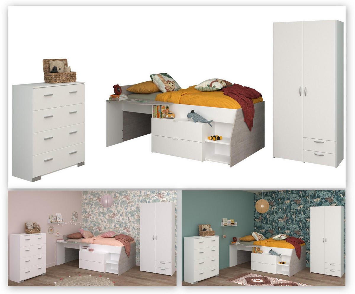 KINDERZIMMER weiß, grau, Komplett-Set mit Stauraumbett, Kommode, Kleiderschrank - Silberfarben/Weiß, Holzwerkstoff/Kunststoff (135/185/203cm) - Parisot Meuble