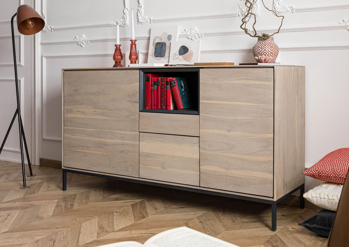 SIDEBOARD Akazie 160x45x85 grau-weiß geölt CHICAGO #04 - Braun, Holz (160/85/45cm) - Massivmoebel24