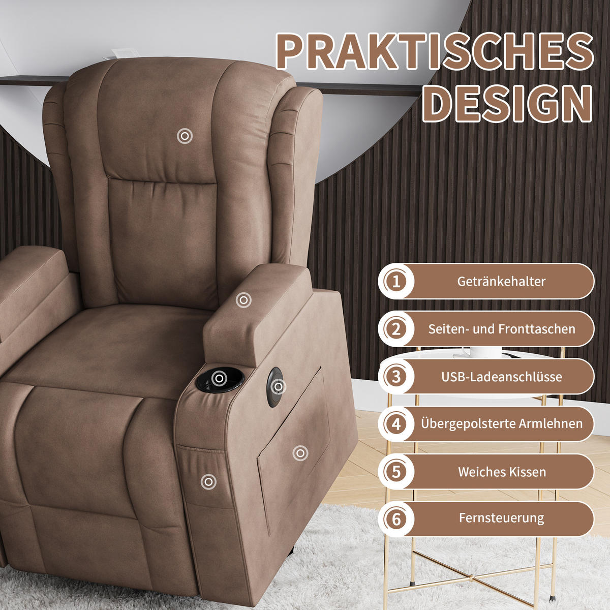 ELEKTRIČNI masažni stol z ogrevanjem, USB, Braun - rjava, les (93/105/102cm)