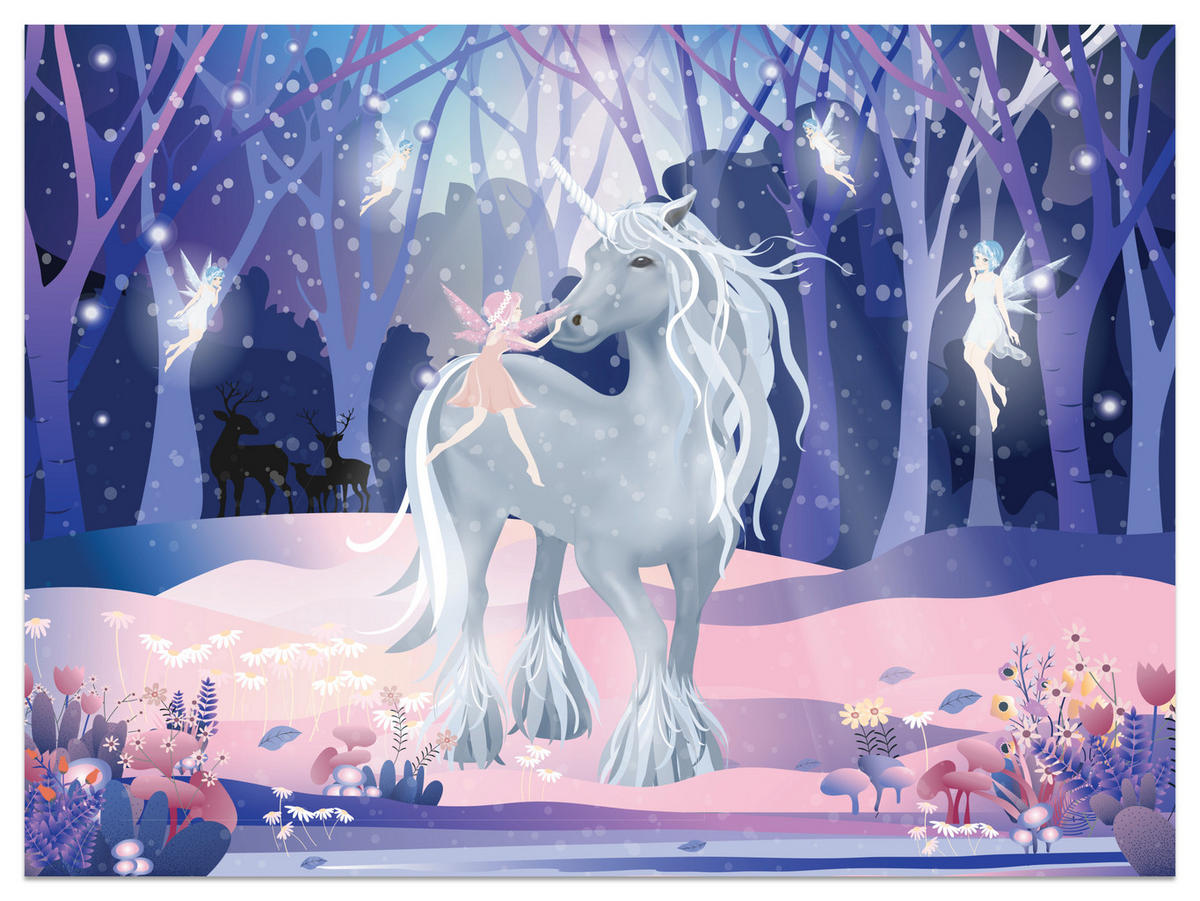 FOTOTAPETE für Kinderzimmer Einhorn Feen Magischer Wald 300x210 - Blau/Violett, Papier (300/210cm) - Muralo