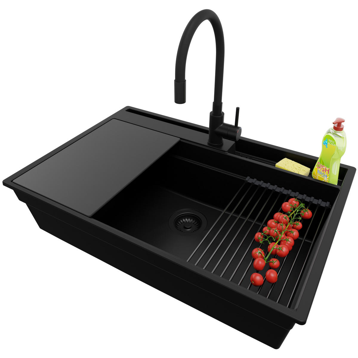 GRANITSPÜLE Oslo Pocket, 2-er set Alles Schwarz 78/53 cm 1 Becken + Küchenarmatur 40/38 cm + Ablauf-Set + Küchenzubehörset ab 80er Unterschrank - Schwarz, Kunststoff (78/20/53cm) - Primagran