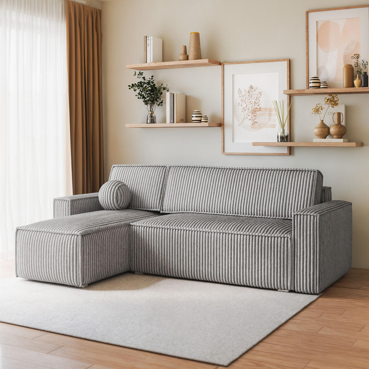 ECKSOFA RAVELO T Hellgrau Kordstoff mit Schlaffunktion - Hellgrau, Holz (240/140cm) - MASSENO