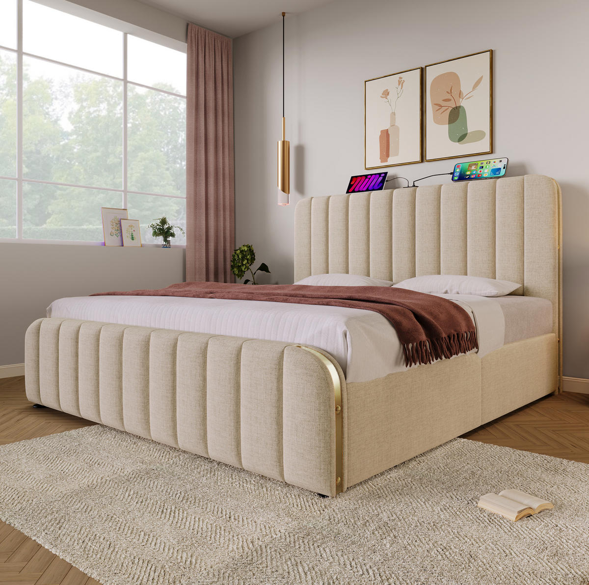 POLSTERBETT 180/200 cm Beige aus Leinenstoff mit Stauraum - Beige, Textil (180/200cm) - OKMYHOME