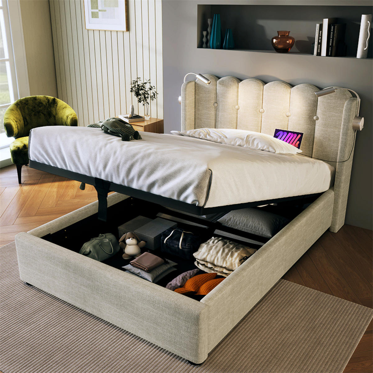 POLSTERBETT 90/200 cm in Beige Linen - Beige, Holz/Textil (160/200cm) - KOMHTOM