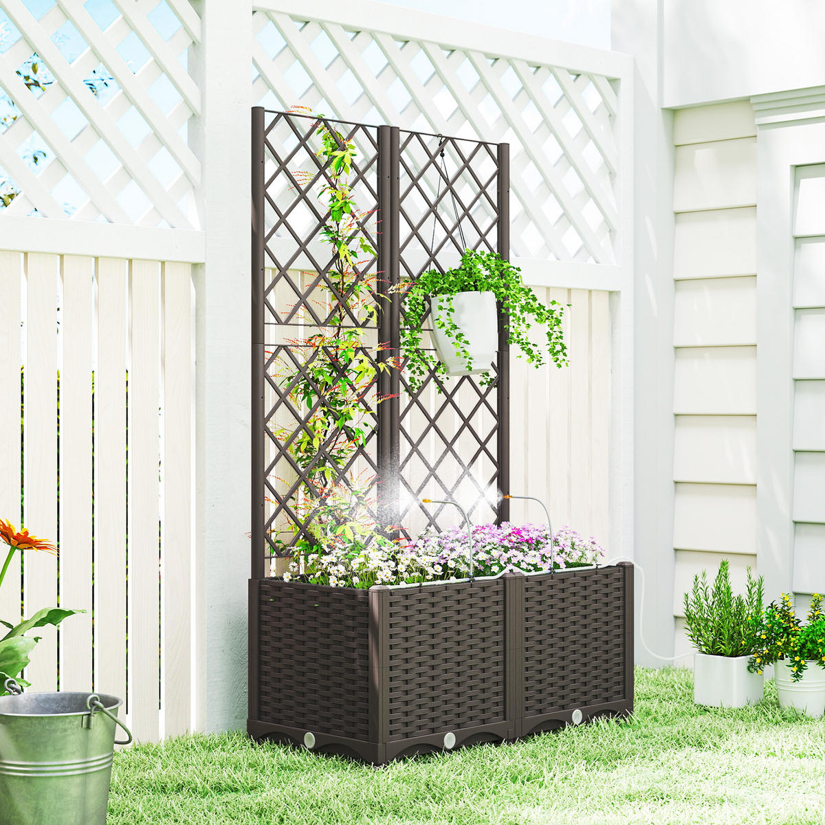 Hochbeet-mit-Rankgitter Kunststoff Braun - Braun, Kunststoff (40/136/80cm) - Outsunny