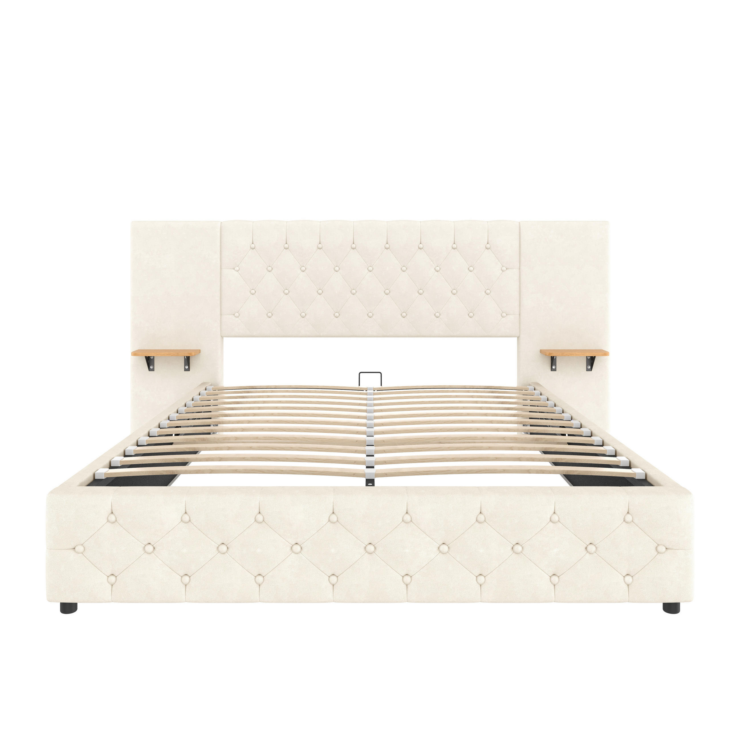 POLSTERBETT 160/200 cm Beige mit breitem Kopfteil LED-Licht USB-Anschluss hydraulischem Hebesystem - Beige, Textil (160/200cm) - OKWISH