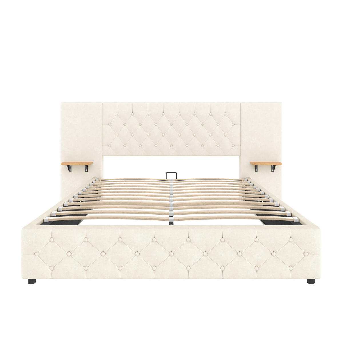 POLSTERBETT 160/200 cm Beige mit breitem Kopfteil LED-Licht USB-Anschluss hydraulischem Hebesystem - Beige, Textil (160/200cm) - OKWISH