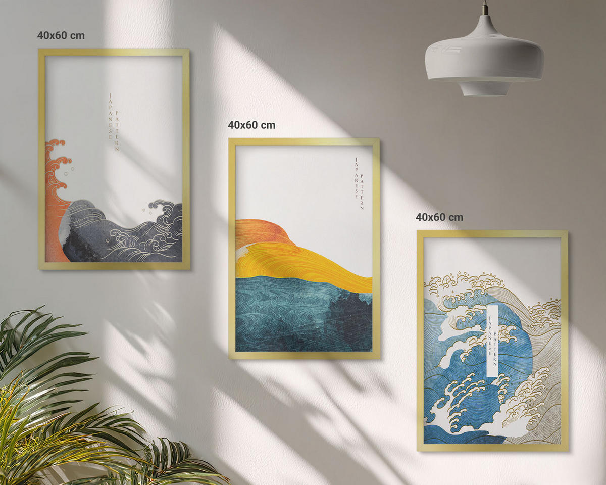 BILDER SET 3er Set - 40x60 cm Goldrahmen - Wellen des japanischen Grafikstils - Goldfarben, Kunststoff (40/60cm) - TULUP