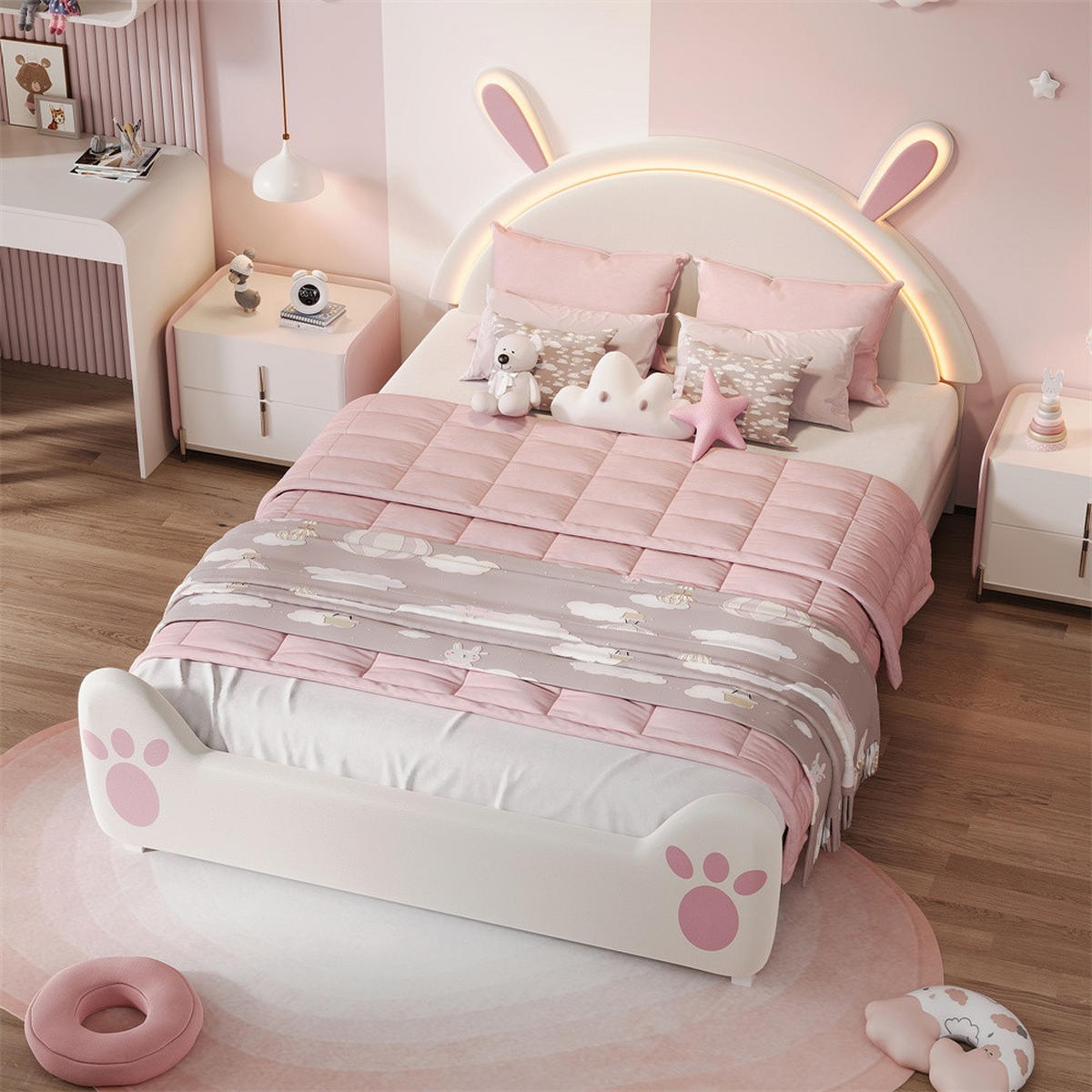 KINDERBETT 140x200 cm Hasenohr-Design mit LED-Beleuchtung und Pfotenmuster - ohne Matratze - Weiß und Rosa - Weiß, Textil (140/200cm) - DELFA