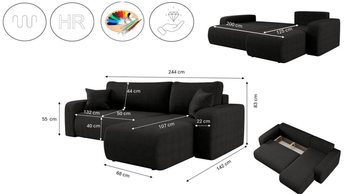 ECKSOFA L-FORM Schlaffunktion Und Bettkasten Eckcouch MILANO L Stoff Dicker Cord Schwarz Rechts - Schwarz, Holz/Textil (244/142cm) - Kaiser Möbel