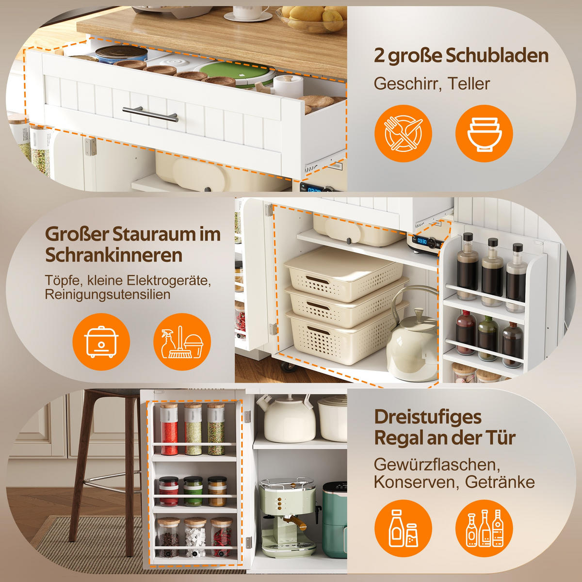 KÜCHENINSEL auf Rollen 130/45/93.3 cm Weiß mit klappbarer Arbeitsplatte, 1 Schublade und Mülleimerschrank - Weiß, Holz/Holzwerkstoff (70/93/130cm) - Oxeza