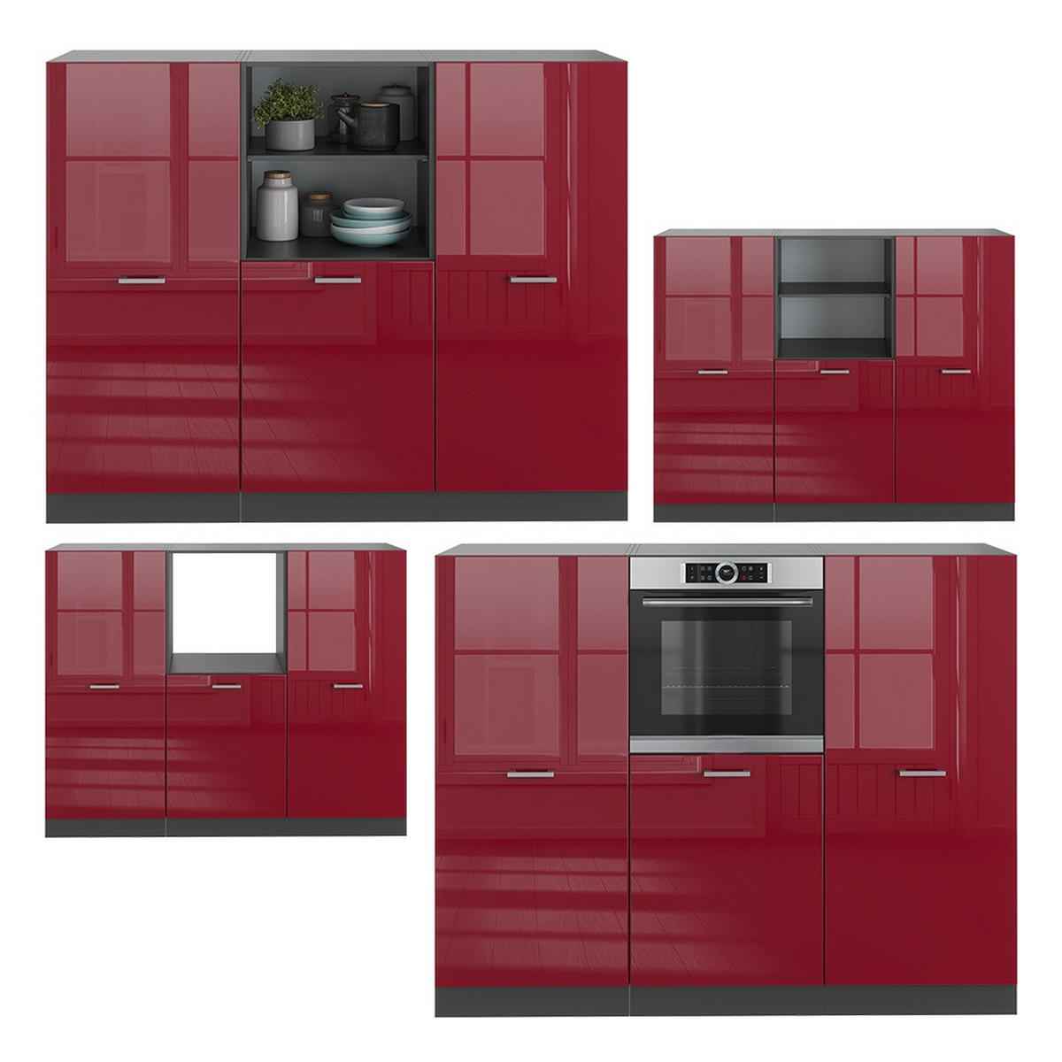 KÜCHENBLOCK R-Line Rot Hochglanz/Anthrazit 180 cm ohne Arbeitsplatte - Anthrazit/Rot, Holzwerkstoff (180/143/46cm) - Vicco