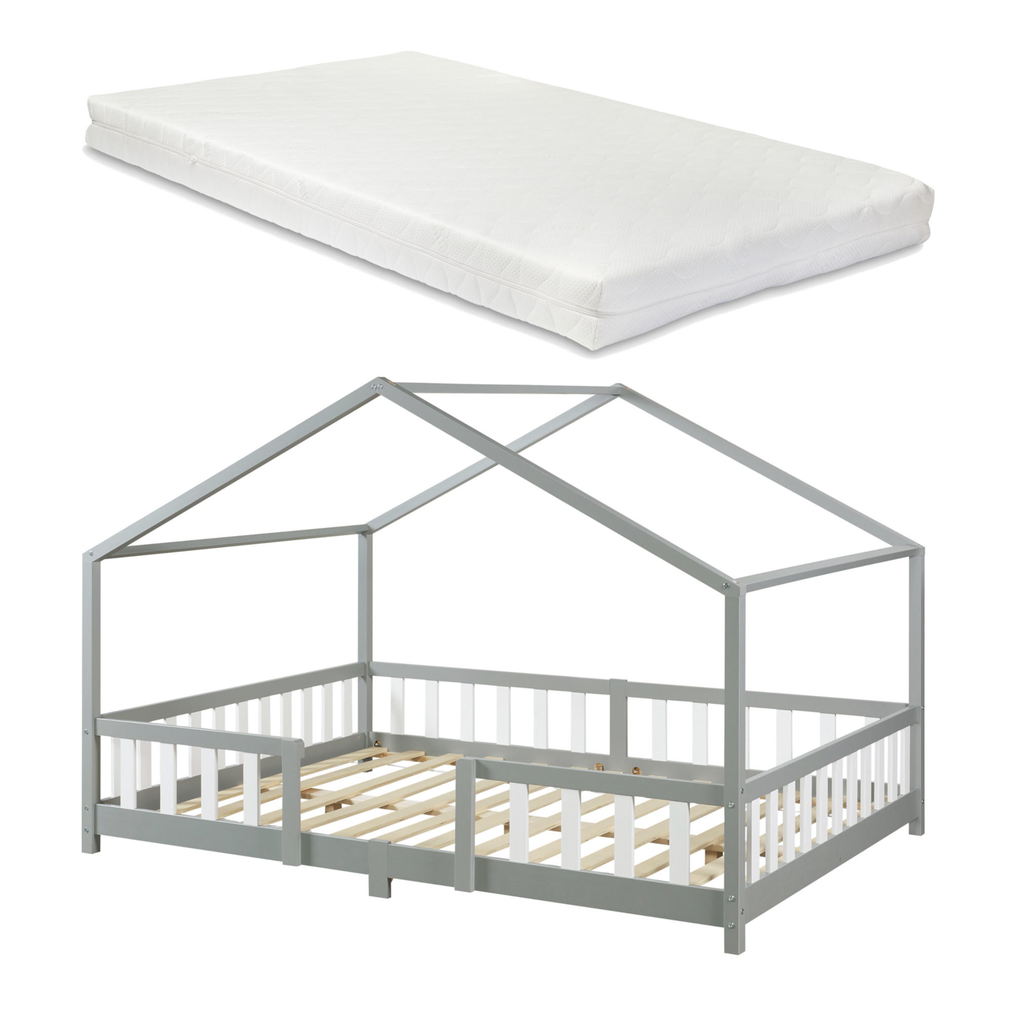 HAUSBETT Treviolo mit Matratze - Hellgrau/Weiß, Holz/Textil (120/200cm) - [en.casa]