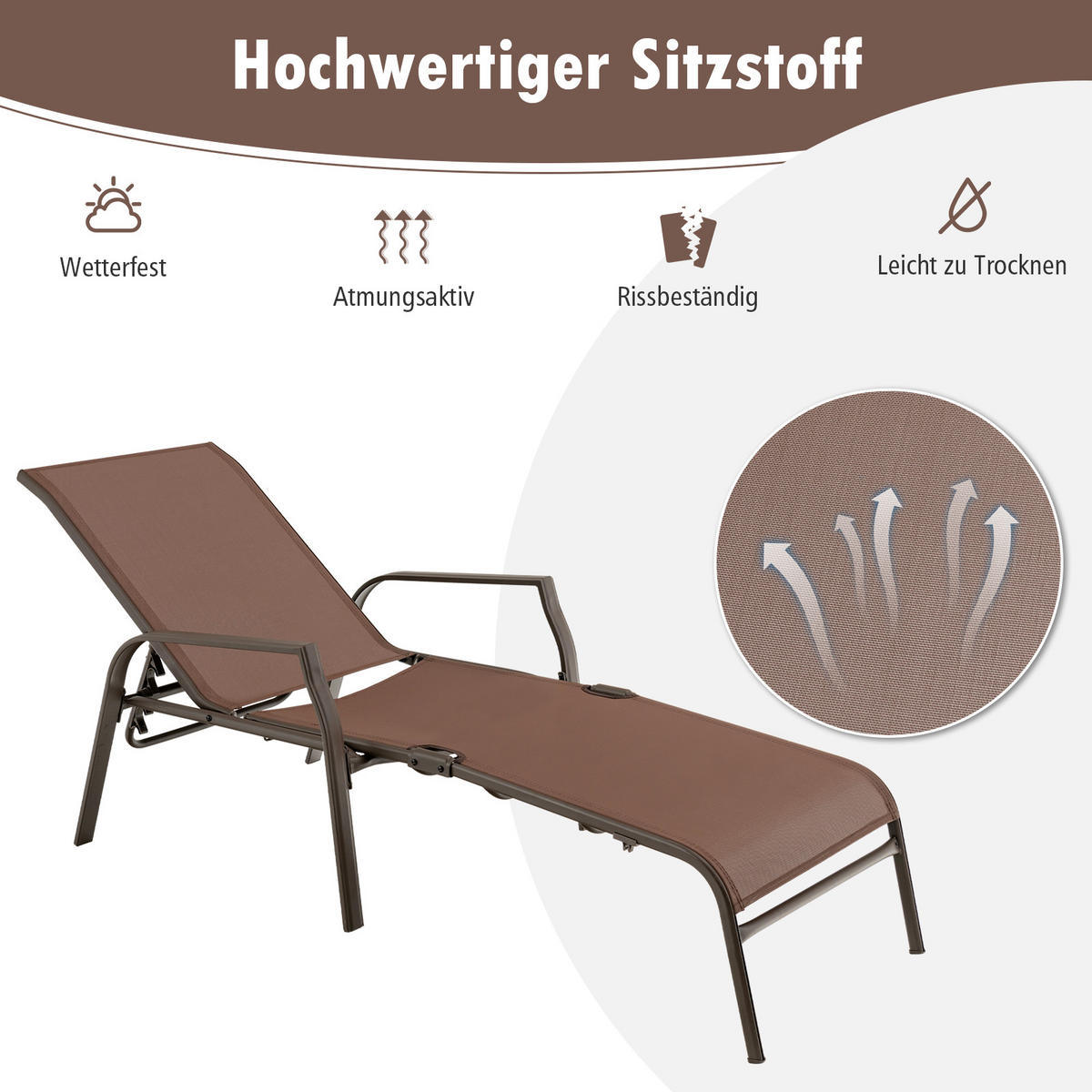 SONNENLIEGE Klappbare Braun(2er-Set) - Braun, Metall (71/94/192cm) - COSTWAY