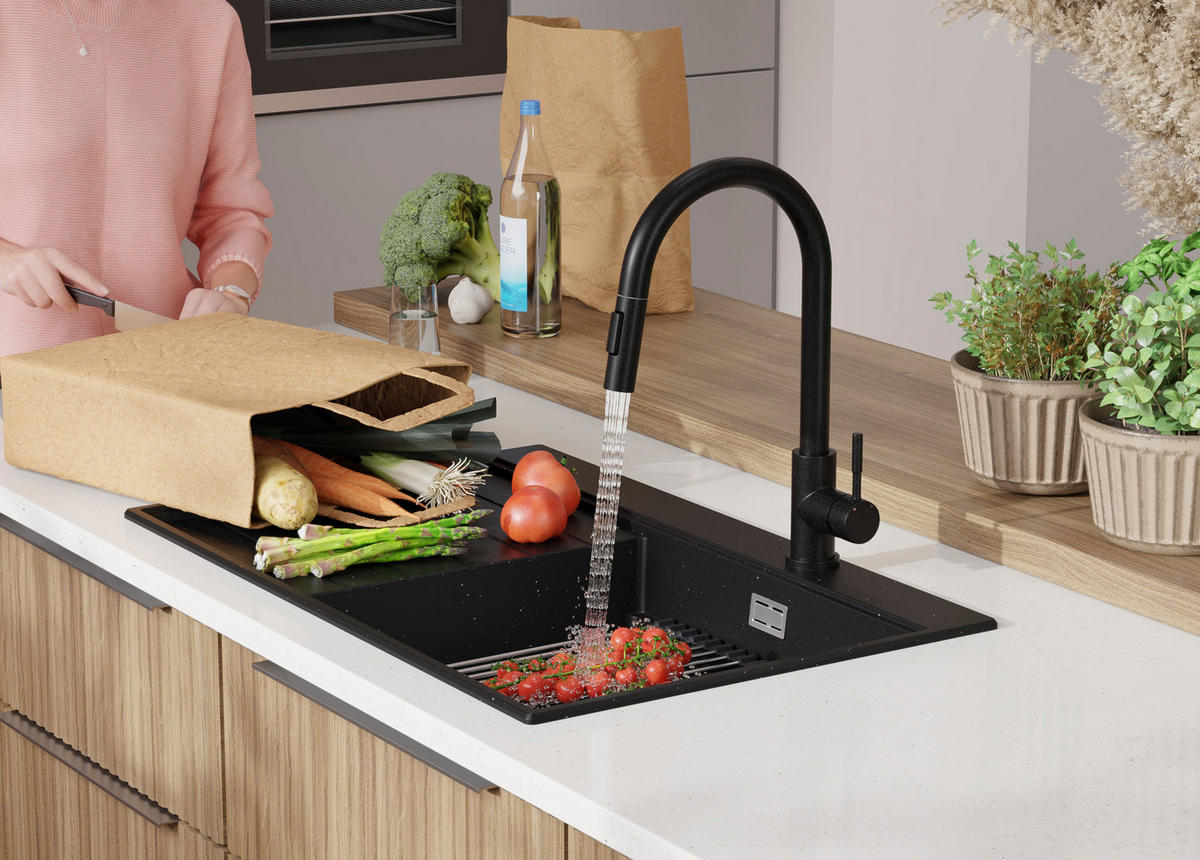 SPÜLBECKEN Sydney, 2-er set Schwarz Metallic 78/50 cm 1 Becken + Ablauf-Set + Küchenzubehörset ab 50er Unterschrank - Chromfarben/Schwarz Hochglanz, Kunststoff (78/20/50cm) - Primagran