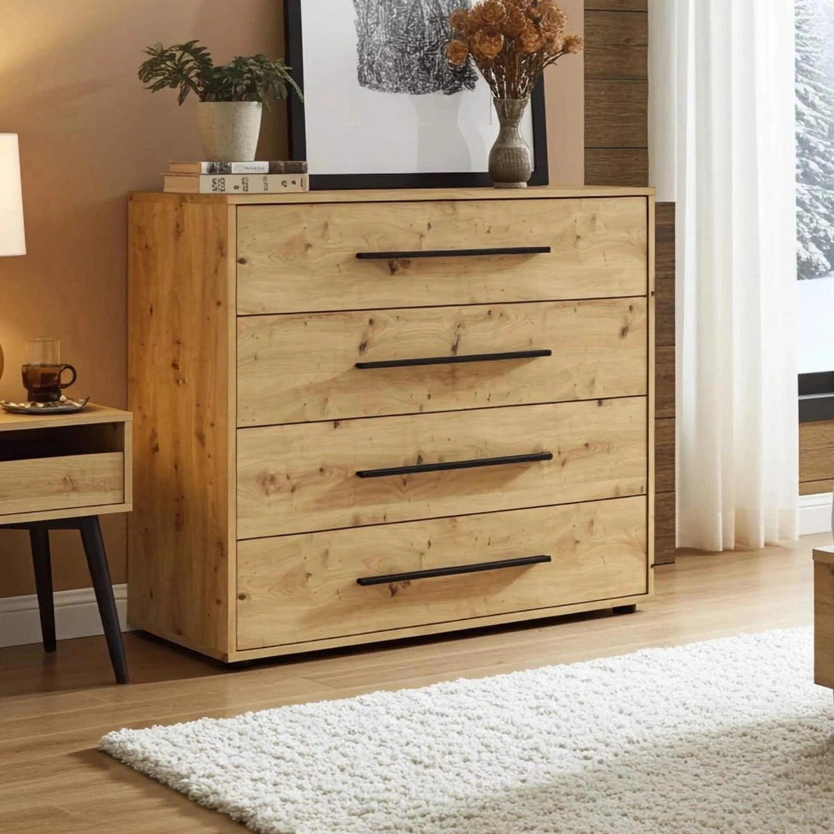 KOMMODE Modena 100 cm in Eiche Artisan mit Schubladen - Schwarz/Eiche Artisan, Holzwerkstoff/Kunststoff (100/87/40cm) - Ravio