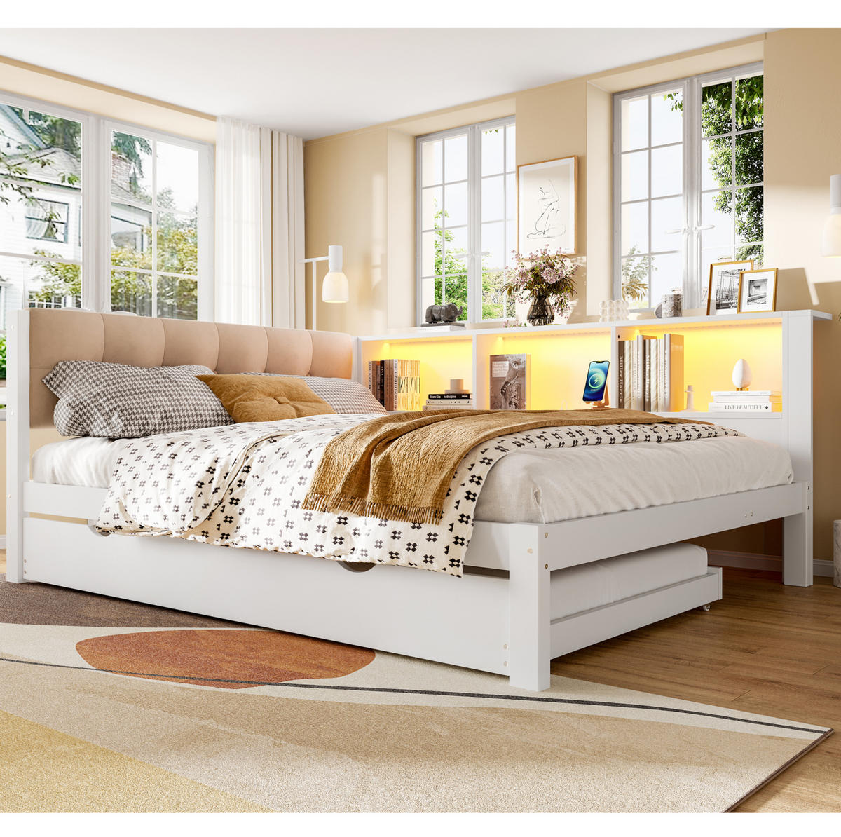 KINDERBETT 140/200 cm Weiß mit Ausziehbett, Regal und LED-Beleuchtung - Weiß, Holz (140/200cm) - Flora Grace