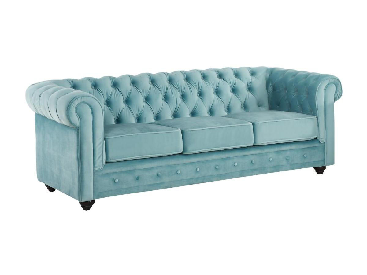SOFA 3-Sitzer - Samt - Hellblau - CHESTERFIELD - Hellblau, Textil (88/72/205cm) - Vente-Unique