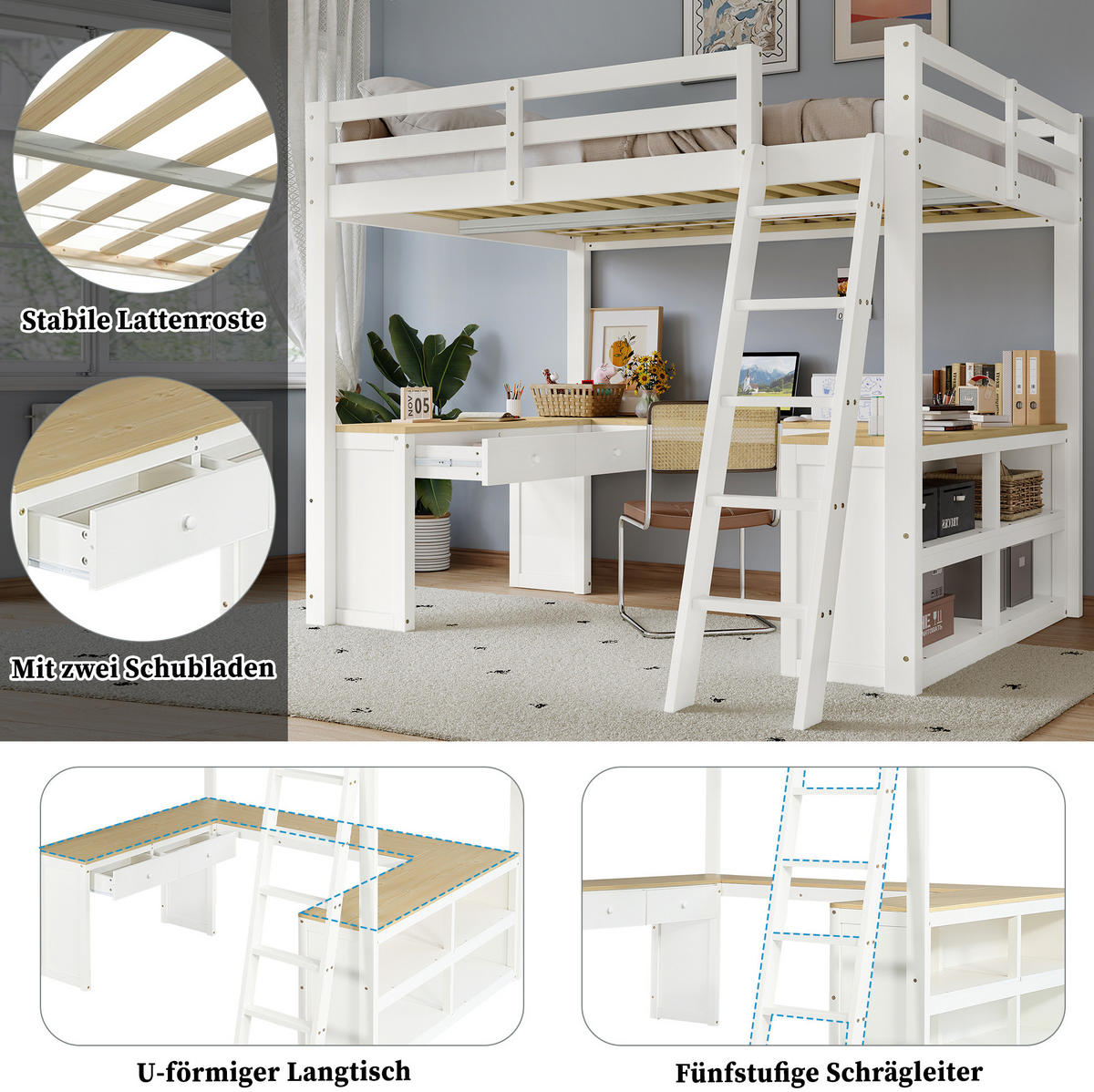 HOCHBETT 140/200 cm aus Kiefer und MDF mit U-förmigem Langtisch Weiß/Natur - Weiß, Holzwerkstoff (140/200cm) - Modenvie