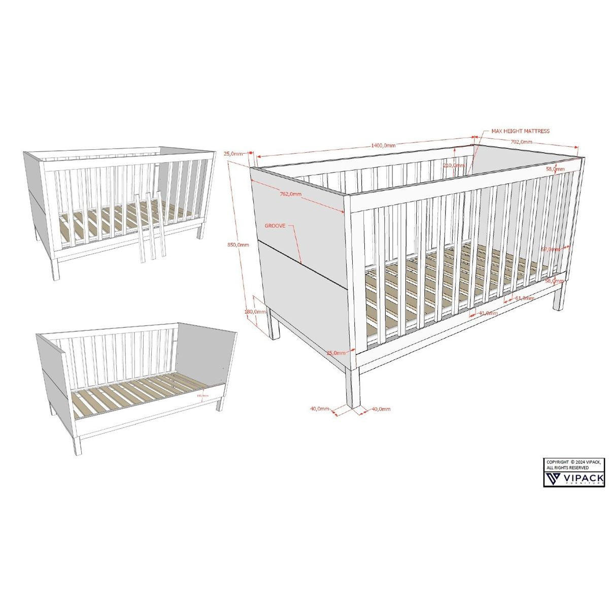 BABYZIMMER SET Keely Kiefer weiß Baby-/Juniorbett Kommode Schrank - Weiß, Holz (58/196/99cm) - 58aufmkessel