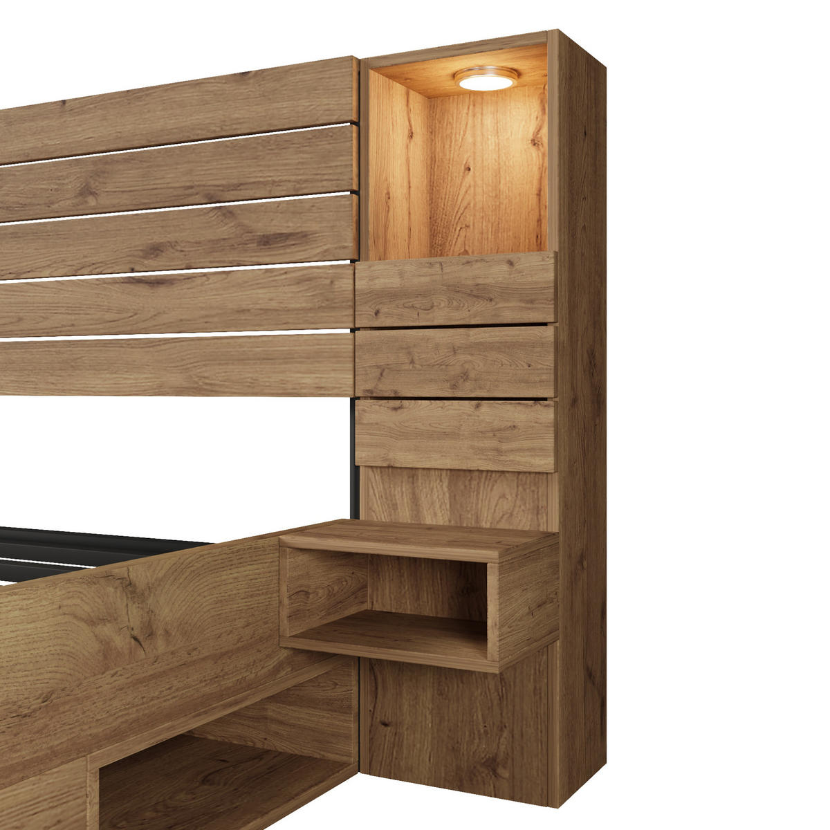 ZAKONSKA postelja iz lesa in MDF 160x200 cm hrastova z LED osvetlitvijo, USB in Type-C priključki, predali za shranjevanje - barve hrasta, leseni material (160/200cm) - Modfu