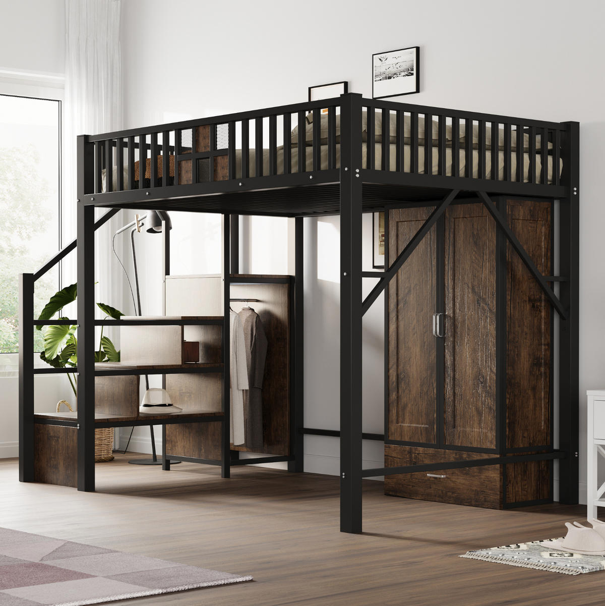 HOCHBETT 140/200 cm, Schwarz mit Kleiderschrank und Stauraum - Schwarz, Metall (140/200cm) - MIVRAY