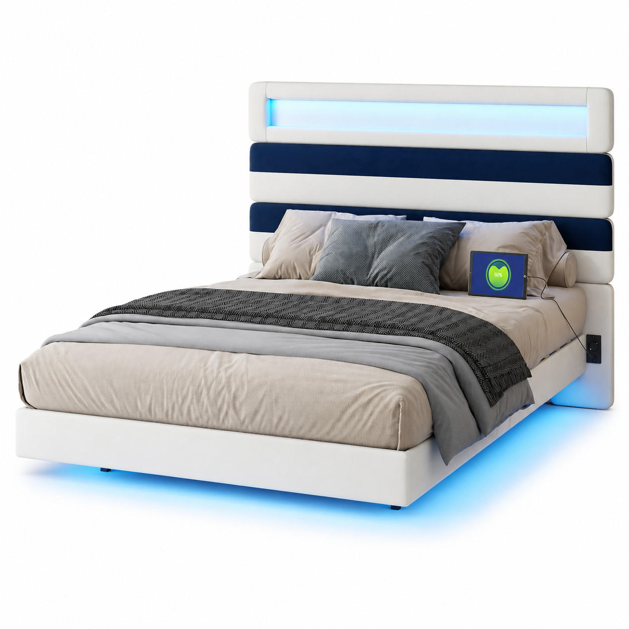 POLSTERBETT 140/190 cm mit RGB-LED-Beleuchtung am Kopfteil und unter dem Bett, USB-Anschluss, zweifarbig gestreiftes Kopfteil - Weiß, Holz/Metall (140/190cm) - Joyfair