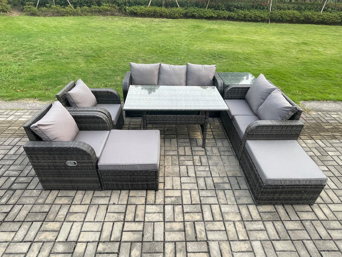 Gartenmöbelset mit Esstisch,3-Sitzer Sofa,2 Hockern,Beistelltisch Polyrattan Dunkelgrau 9-Sitzer - Dunkelgrau/Grau, Glas/Kunststoff - Fimous