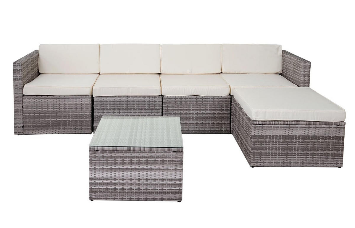 GARTEN-SET Poly-Rattan Grau Polster Creme - Grau, Textil - PROREGAL