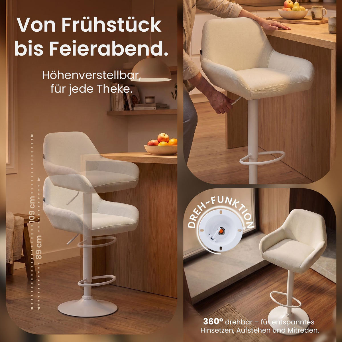 BARHOCKER 2er Set Stoff creme - Creme/Weiß, Textil/Metall (51/89/52cm) - CLP
