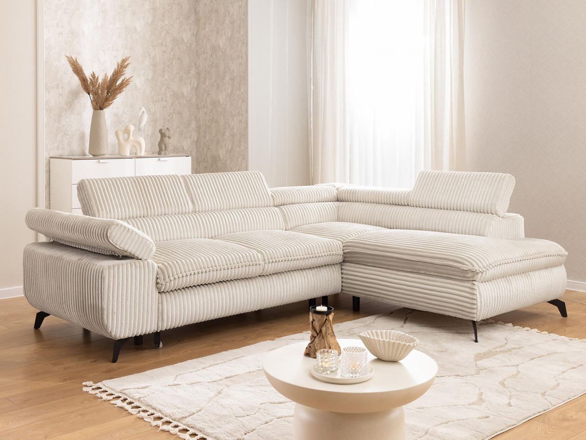 ECKSOFA mit Schlaffunktion und Bettkasten Bonnie aus Creme Cord-Stoff mit verstellbaren Kopfstützen und Armlehne - Ottomane rechts - Creme/Schwarz, Holz/Textil (275/210cm) - S-Style Möbel