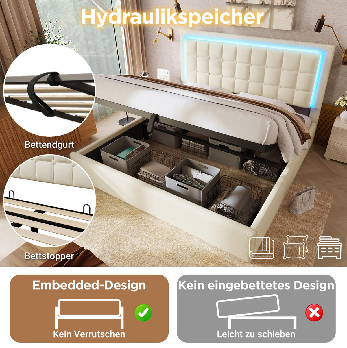 POLSTERBETT 160/200 cm Weiß aus PU mit LED, Stauraum und Matratze - Weiß, Kunststoff (160/200cm) - OKWISH