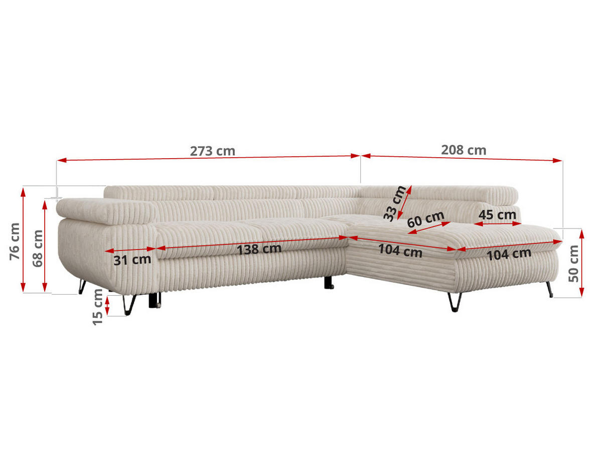ECKSOFA PETER L Beige Cord - Rechts Seite - Beige/Schwarz, Textil/Metall (273/208cm) - MKS