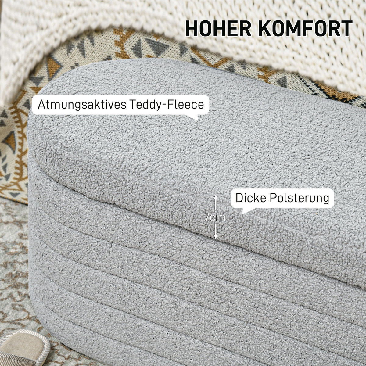 SITZBANK Polsterbank mit Stauraum, Teddy-Vlies-Optik, Bettbank mit Holzbeine - Hellgrau, Kunststoff (41/40.5/116cm) - HOMCOM