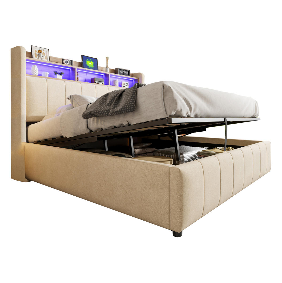 POLSTERBETT 160/200 cm mit Bettkasten, LED-Beleuchtung und gepolstertem Kopfteil - Beige, Textil (160/200cm) - BEAOK